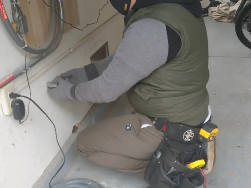 Electrician performing outlet wiring in a Napoleon garage